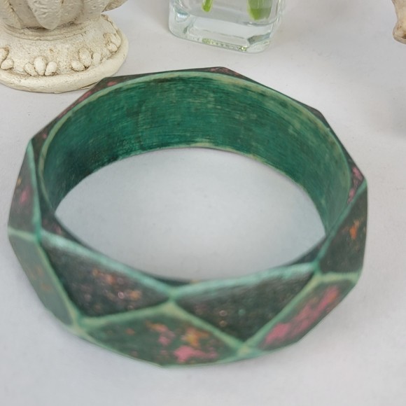 NEW Wooden 3" Bangle Bracelet Green Stained with Metal Flakes Handmade Jewelry - Picture 2 of 4